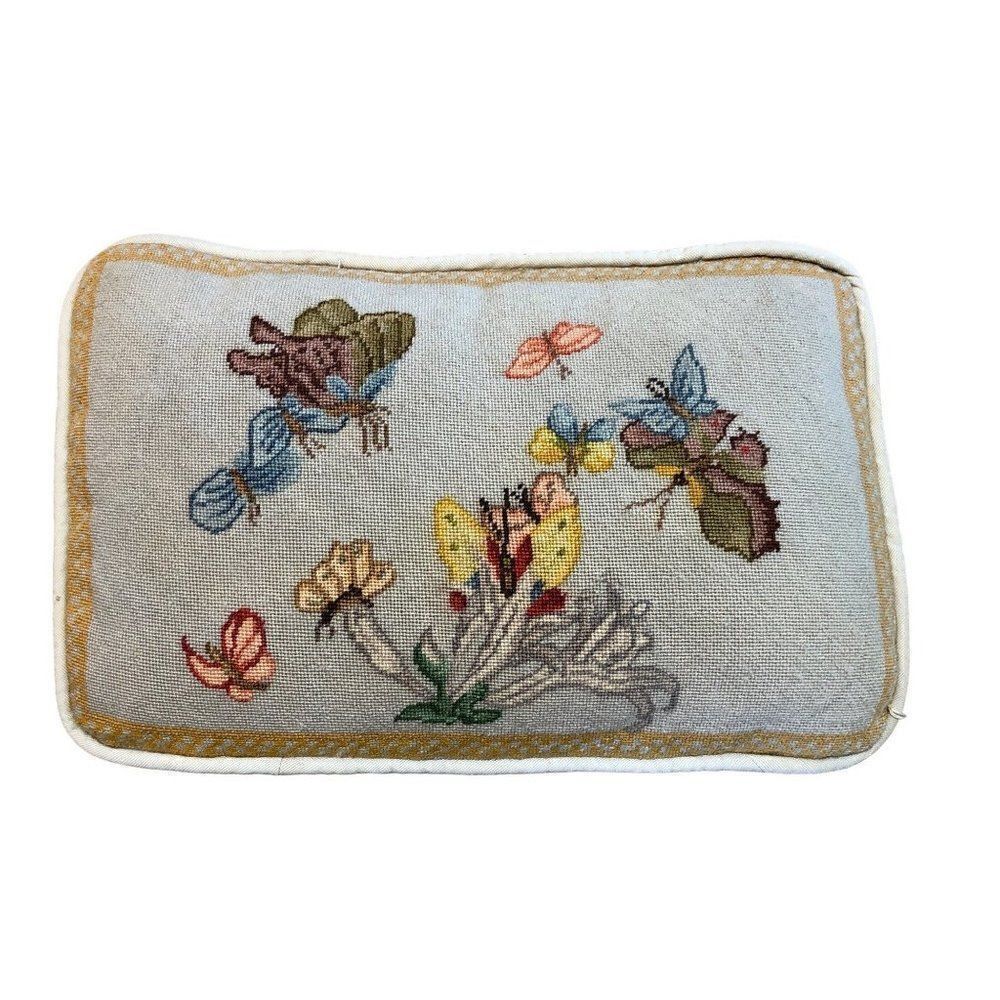Vintage Embroidery Needlepoint Pillow Case Butterfly Flowers